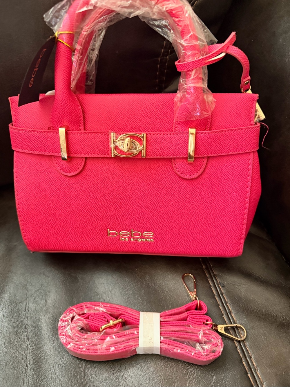 bebe Hot Pink Satchel with Gold Hardware